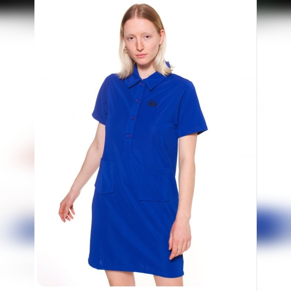 Stüssy Royal Blue Polo Mini Dress | Short Sleeve Collared Casual Pocket Dress